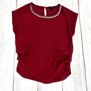 MINE Women’s Burgundy Maroon Blouse With Gold Necklace Neckline Size Medium